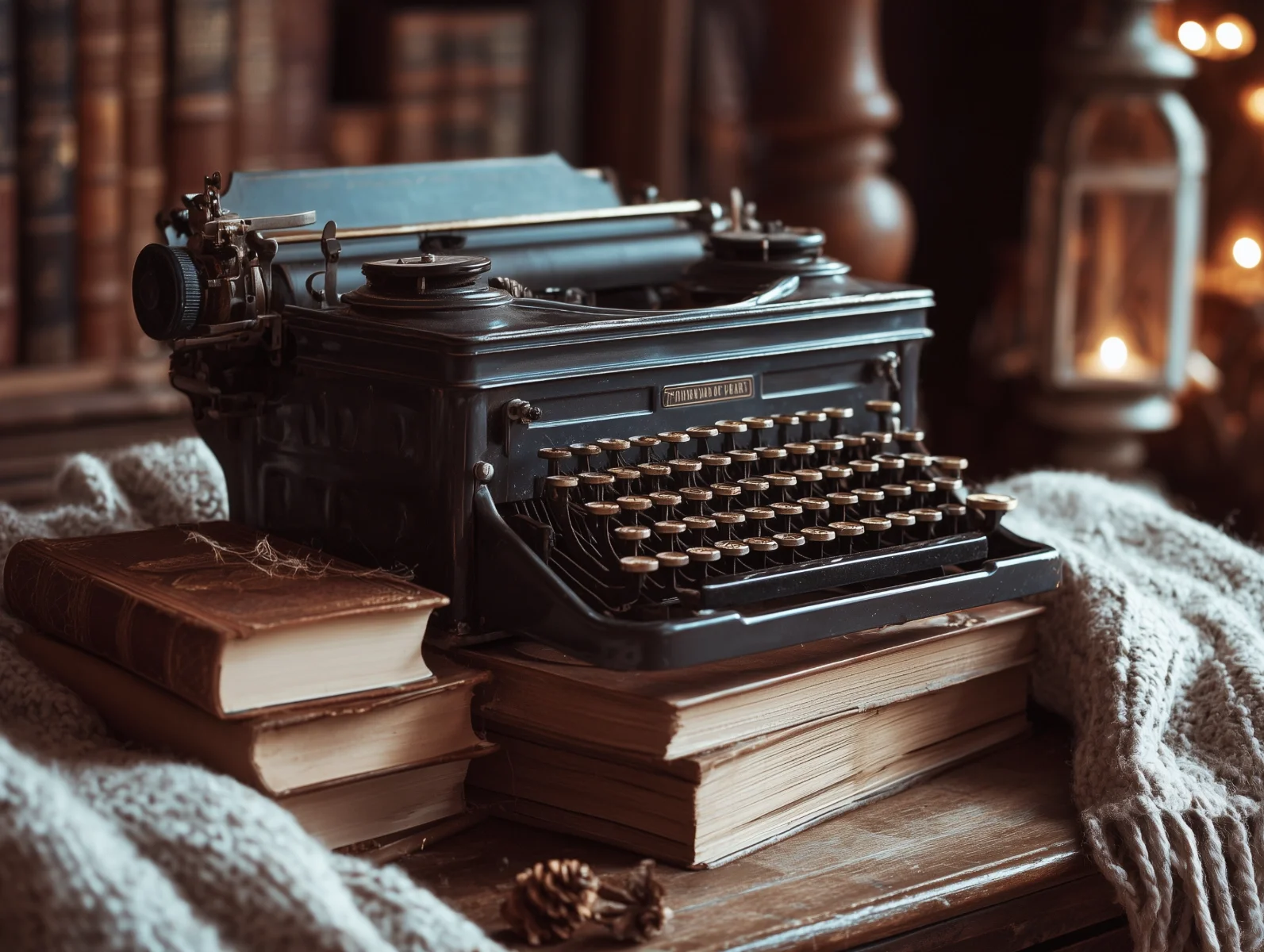 Schreibbegleitung: alte Schreibmaschine auf Buchstapel