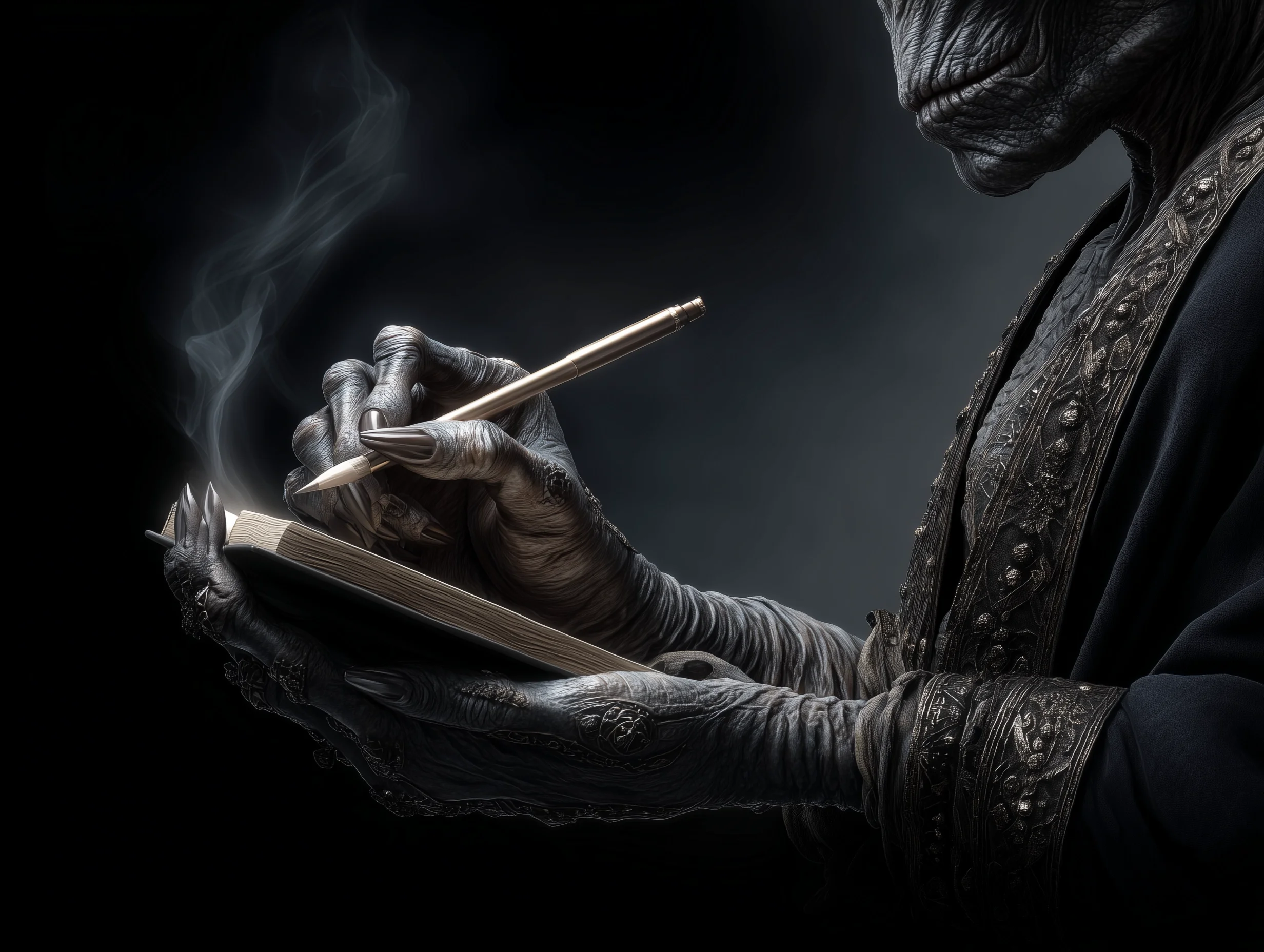 Hand eines Aliens oder Wesens mit langen Nägeln schreibt in einen Notizblock, dunkler Hintergrund