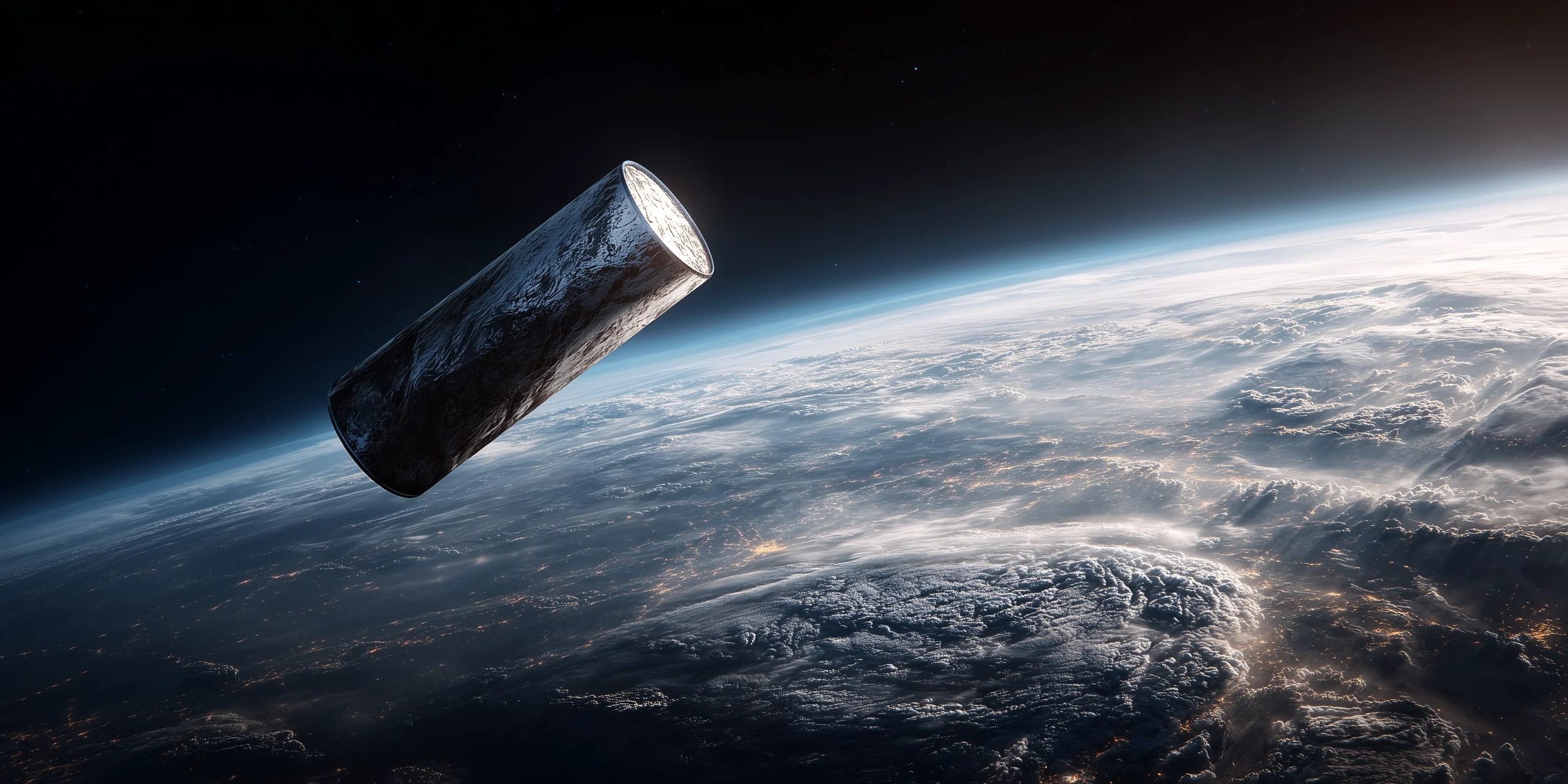 Ein zylinderförmiges Metallobjekt kreist im Erdorbit