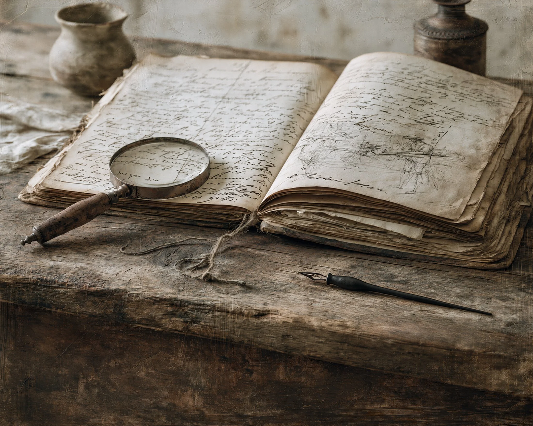 Altes aufgeschlagenes Buch mit handgeschriebenem Text und Skizzen, ein Lupe und ein Keramikgefäß auf einem Holztisch