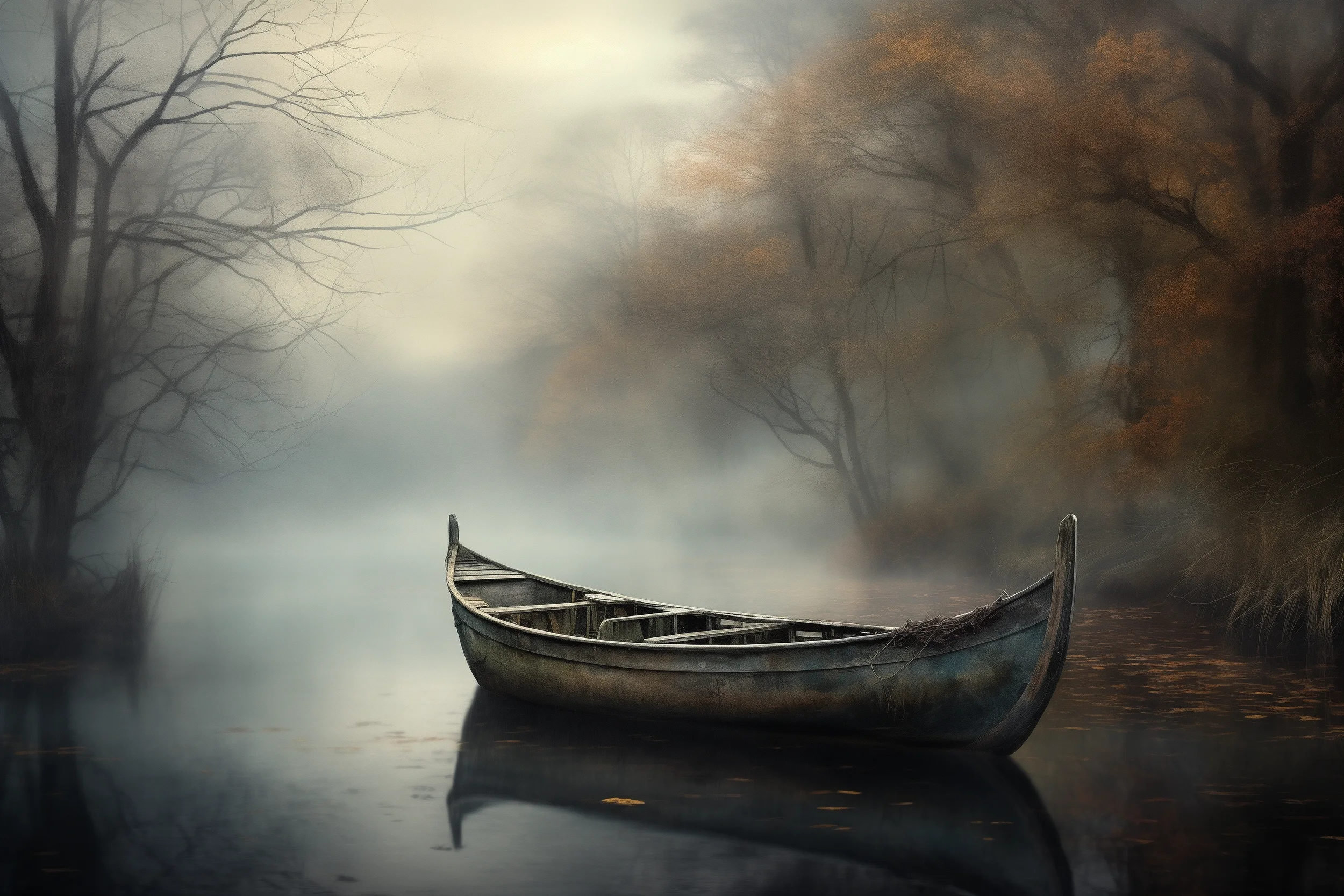 Ein Holzboot auf einem See im Herbst, gehüllt in mystischen Nebel