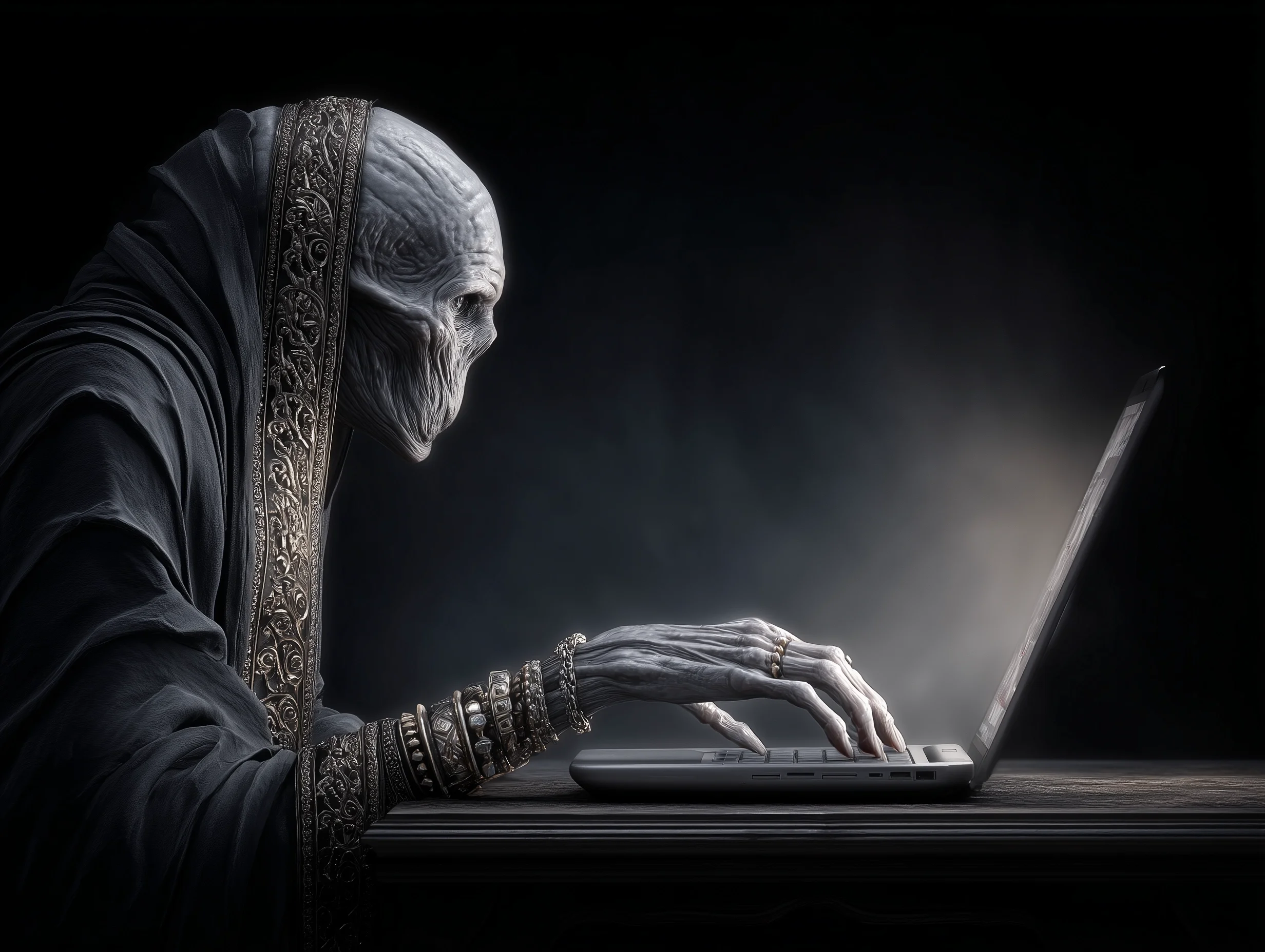 Würdevolles graues Alien in ornamentaler Robe schreibt an einem Laptop, dunkler Hintergrund