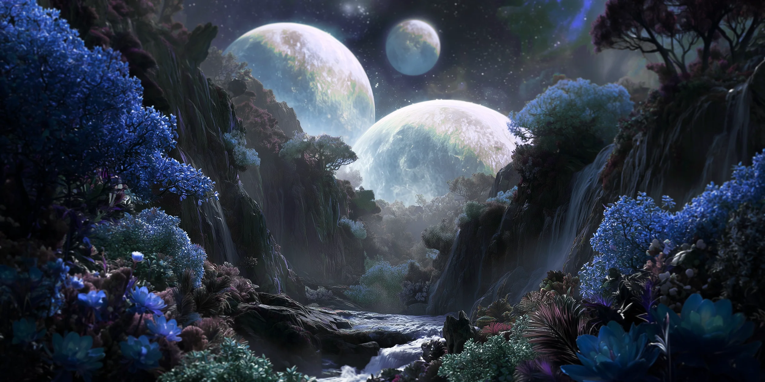 eine außerirdische Welt mit blauen Pflanzen und drei Monden