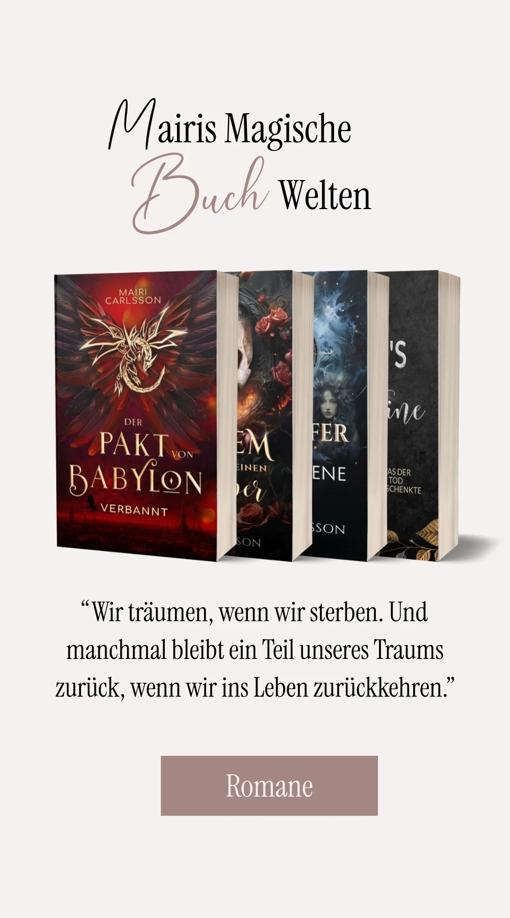 Vier Buchcover von Mairi Carlsson mit Button zu den Romanen