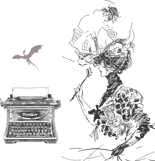 Pixelart-Lektorin mit Leselupe vor einer Schreibmaschine