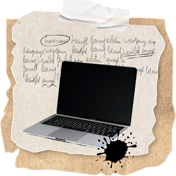 Illustration eines Laptops auf Notizzetteln und einem Tintenfleck.