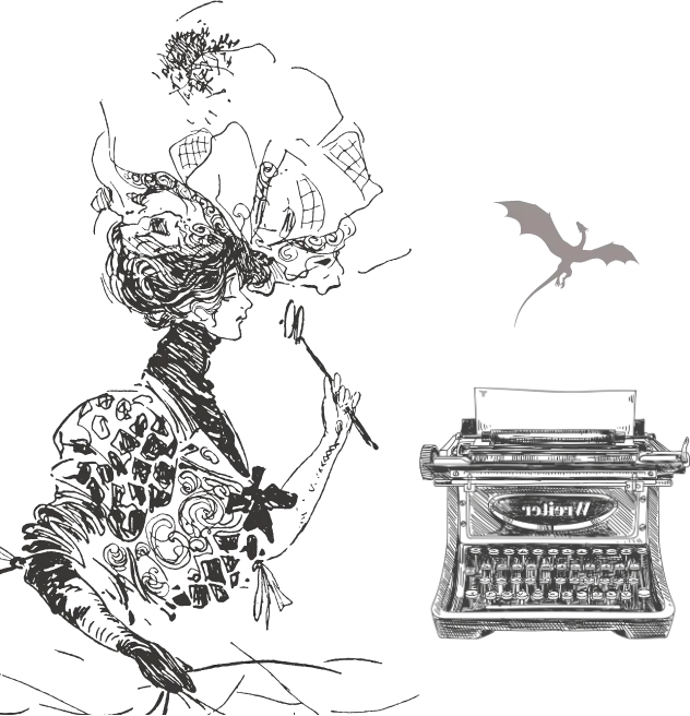 Lustige Lektorin mit Leselupe, Schreibmaschine und Drache