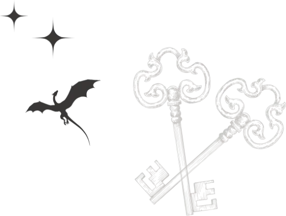 Grafik zweier Schlüssel, Drache und Sterne