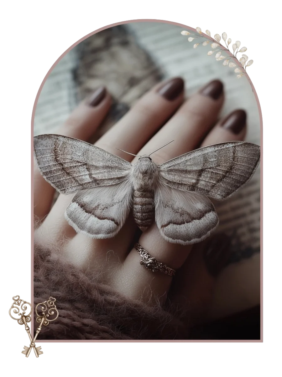 Nachtfalter sitzt auf der Hand einer Frau, gerahmt, Schlüssel und Ranke als Rahmenelemente