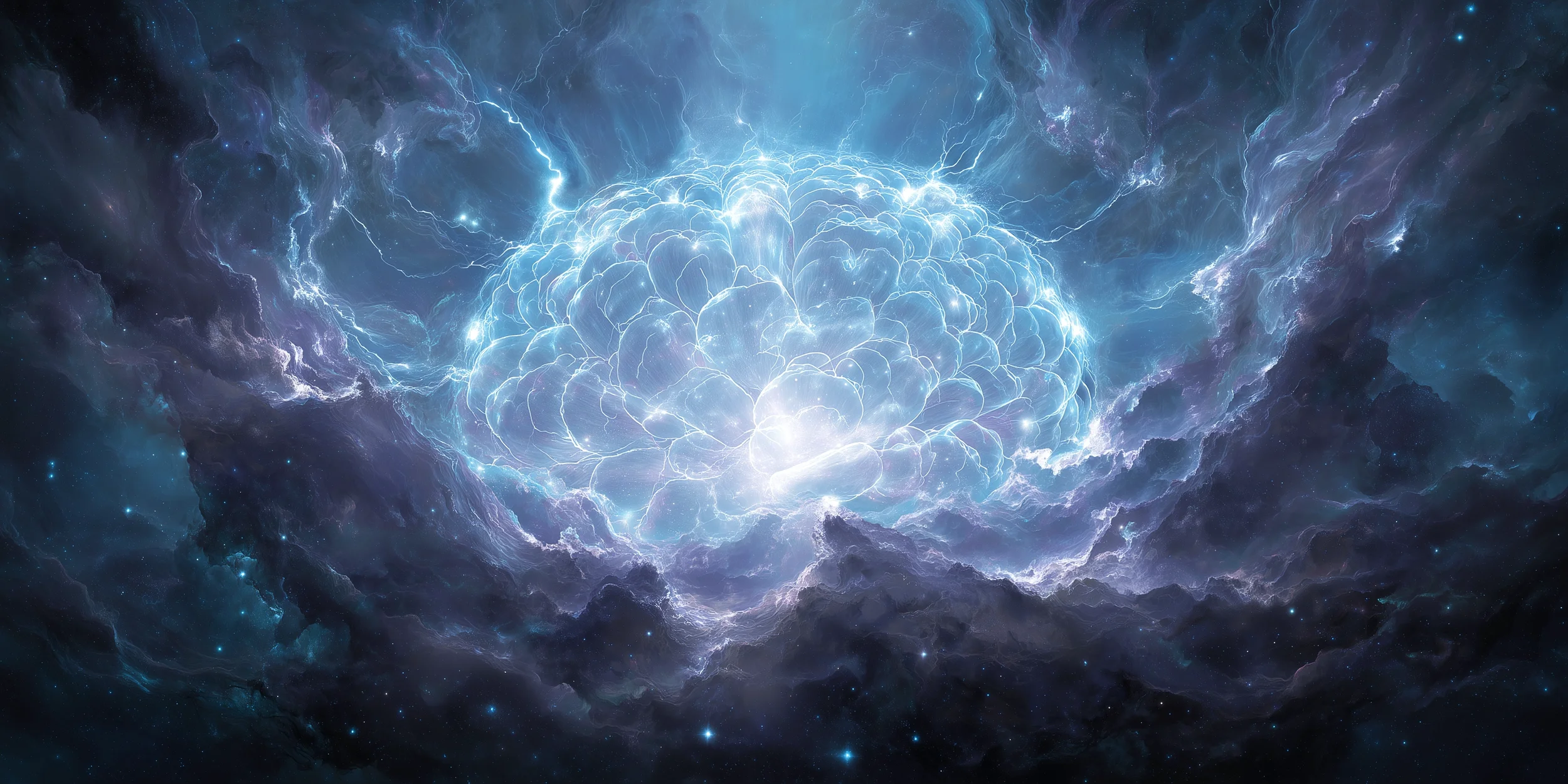 Blau leuchtende, netzartike Gehirnstruktur in einer Art Weltraumnebel