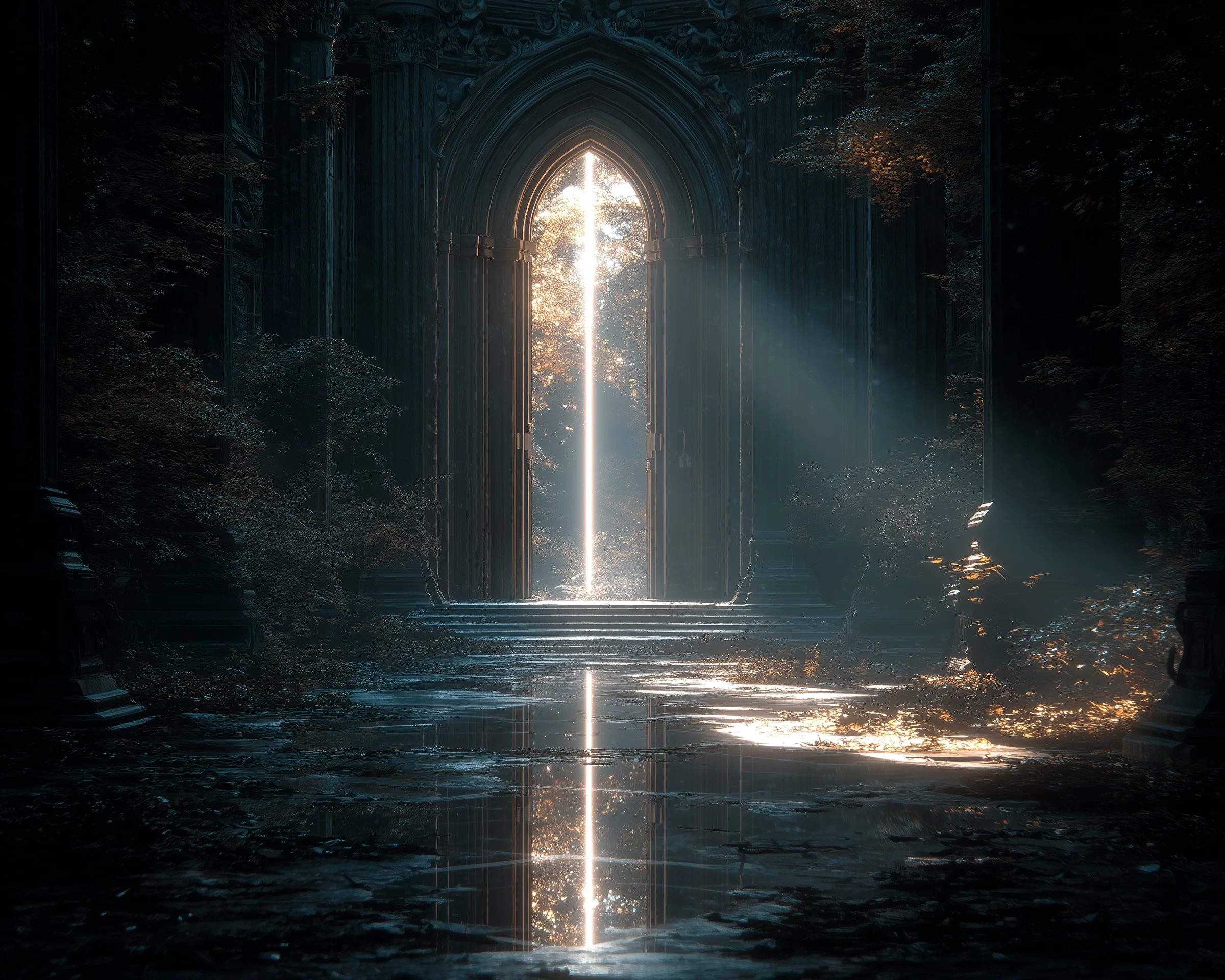 Magischer steinerner Torbogen mit einfallendem Sonnenstrahl