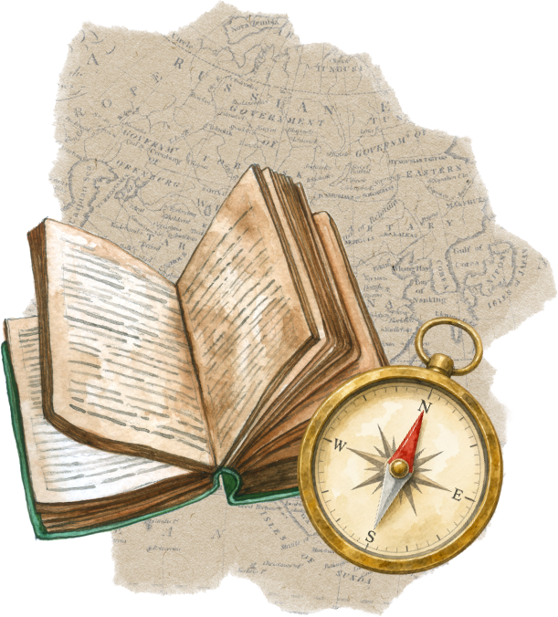 Illustration einer alten Landkarte im Hintergrund, im Vordergrund ein offenes Buch und ein Kompass