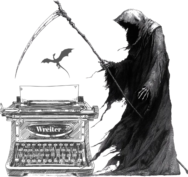 Schwarz-Weiß-Skizze eines Reapers mit Sense neben einer Schreibmaschine, aus der ein Drache aufsteigt