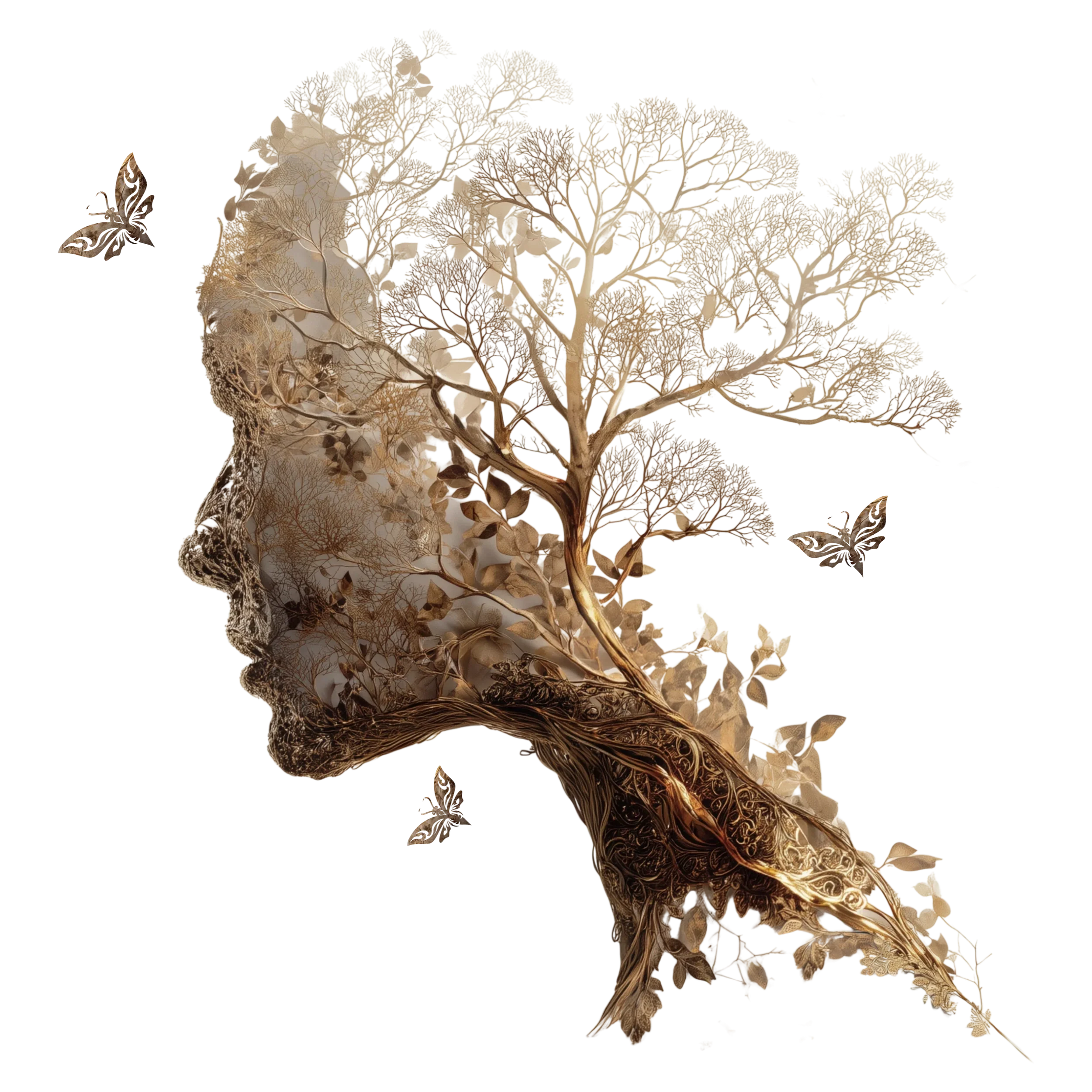 Blog: goldenes Frauengesicht geformt aus Zweigen und Blättern