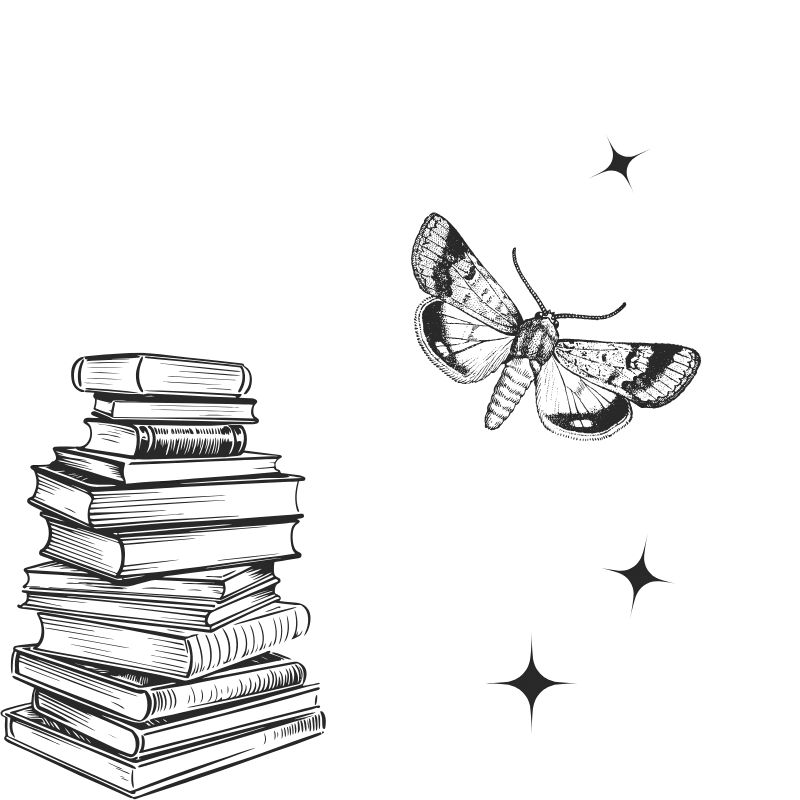 magischer Buchstapel mit Motte und Sternen