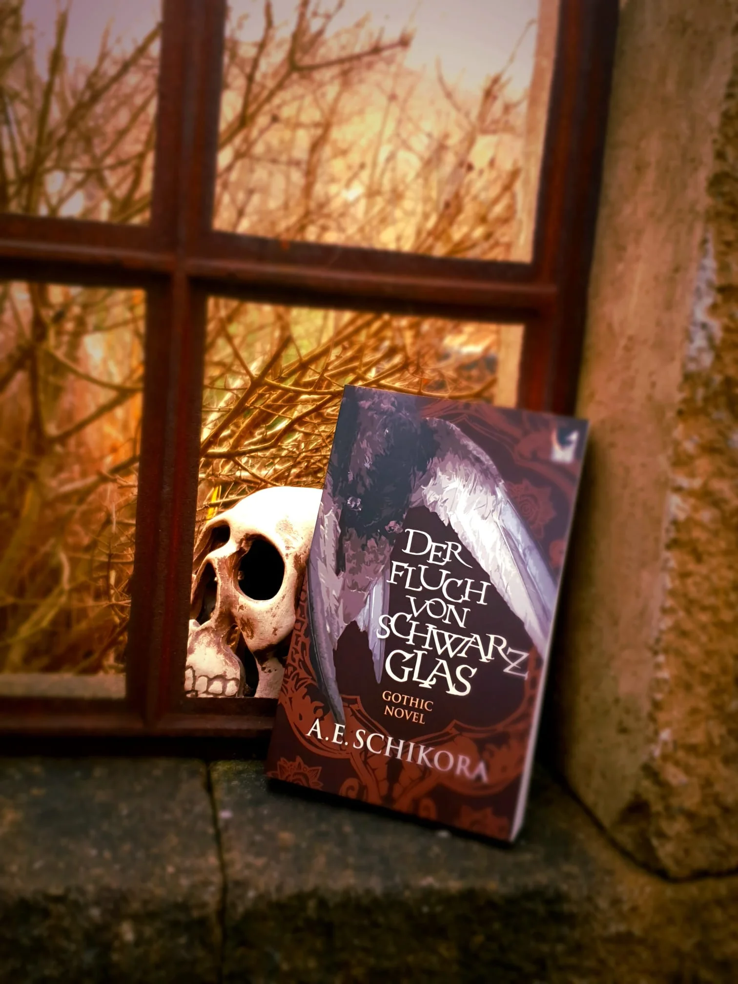 Buch "Der Fluch von Schwarzglas" an einem Fenster mit Schädel im Hintergrund