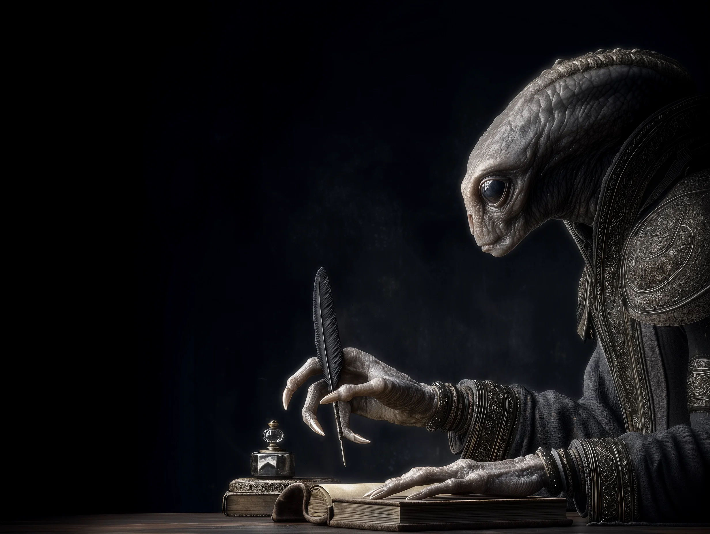 Würdevolles graues Alien in ornamentaler Robe sitzt am Schreibtisch, hält eine Schreibfeder, vor ihm ein offenes Notizbuch, daneben ein Tintenfass, dunkler Hintergrund