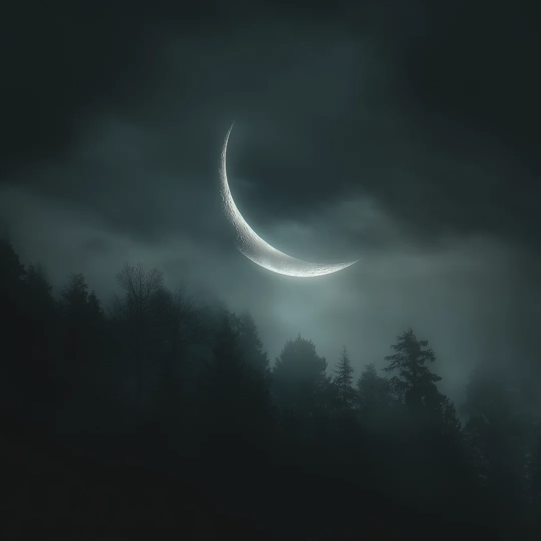 mystische Mondsichel über einem Wald