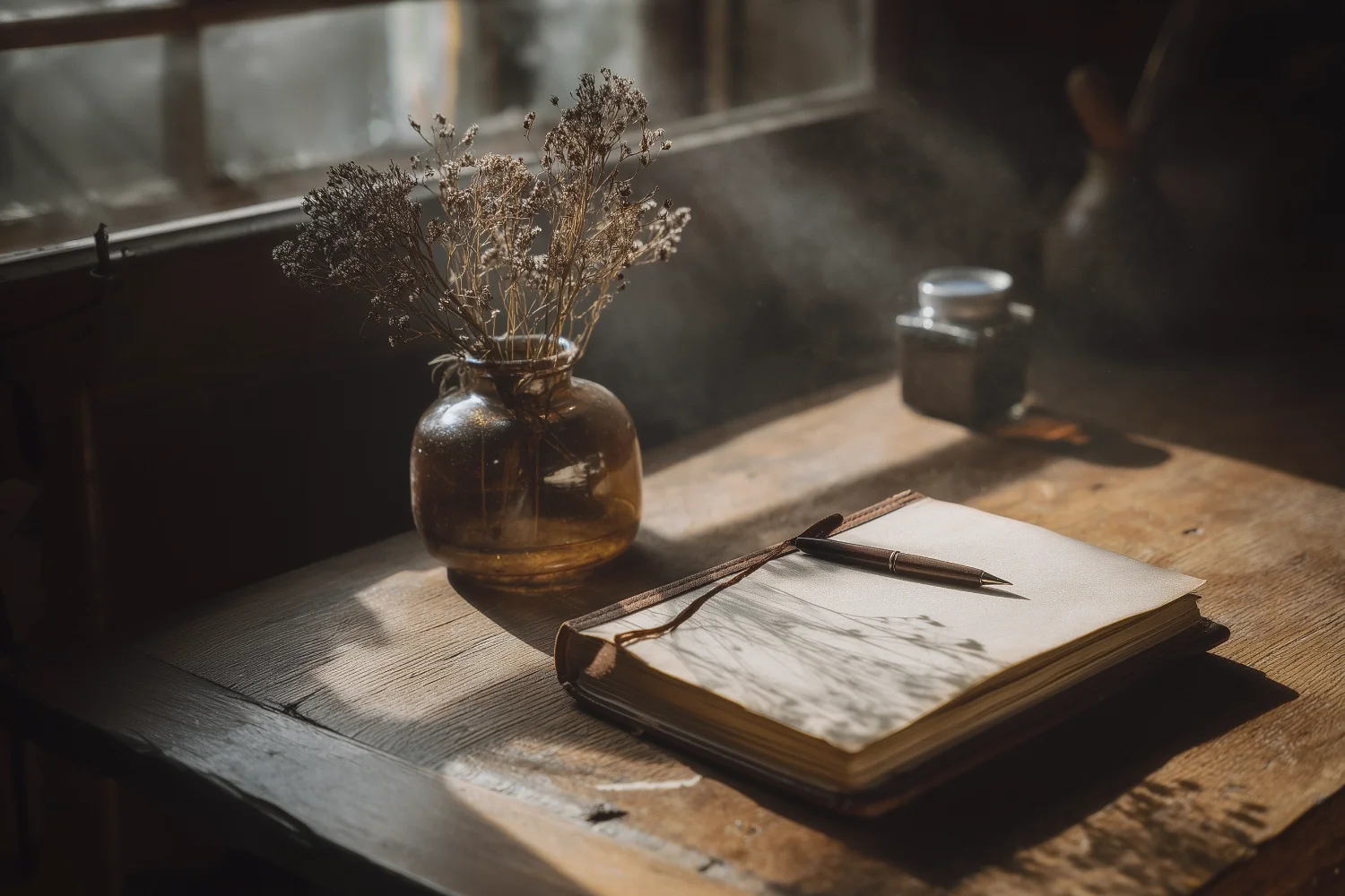 altes Notizbuch und Trockenblumen, atmosphärisch