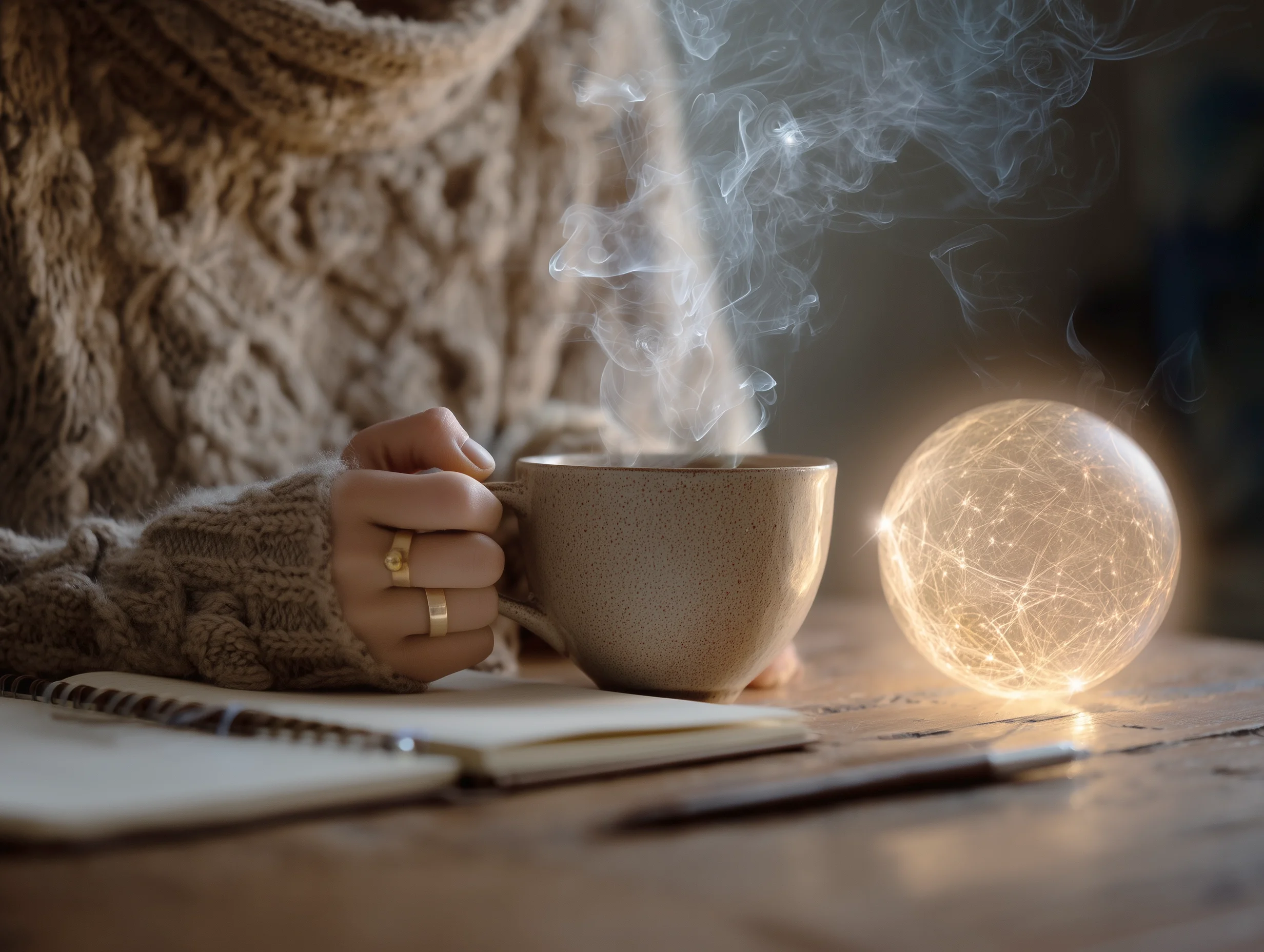 Weibliche Hand hält dampfende Tasse, vor ihr auf dem Tisch ein Notizbuch, Stift und ein glühender, magischer Orb, Boho Stil