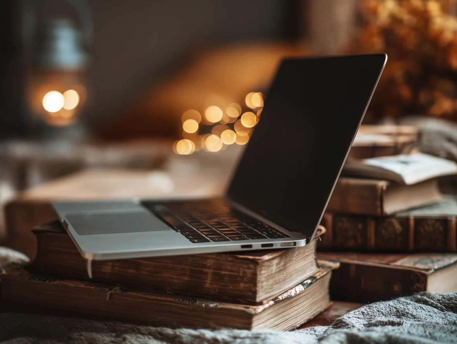 Ein Laptop auf einem Stapel alter Bücher auf einem Holztisch, im Hintergrund warmes Licht.