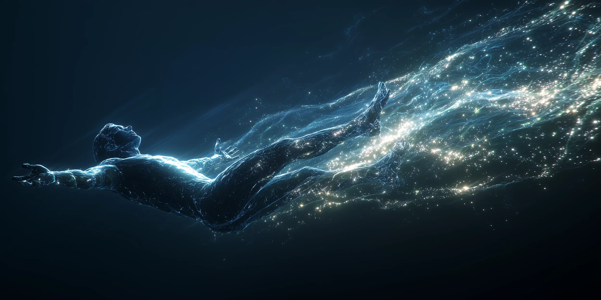 Halbtransparenter menschlicher Körper schwebt mit ausgebreiteten Armen durch leeren Raum und zieht goldene Lichtpunkte und blaue Leuchtfäden hinter sich her