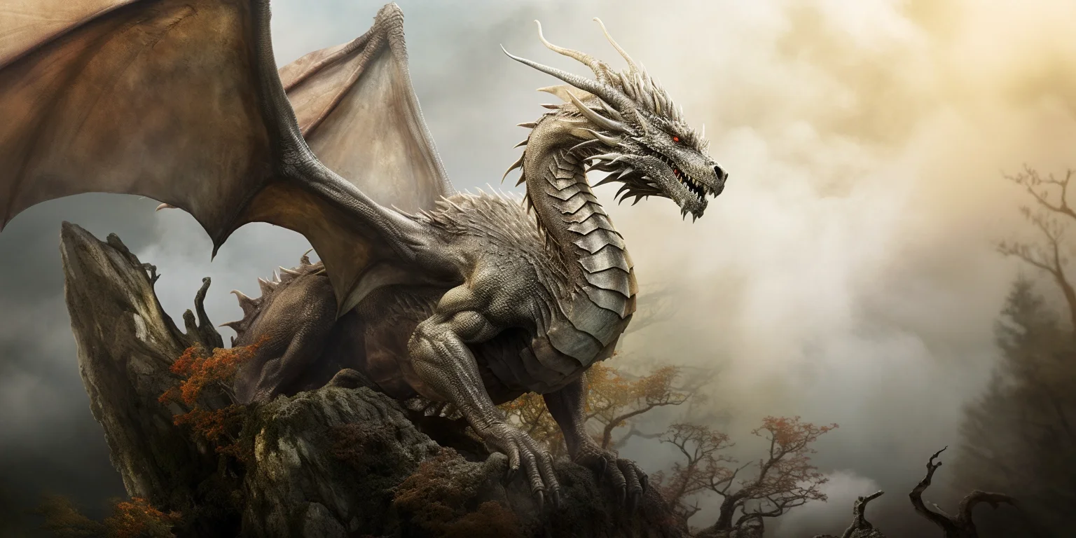 Ein weißer, mystischer Drache sitzt auf einem Felsen