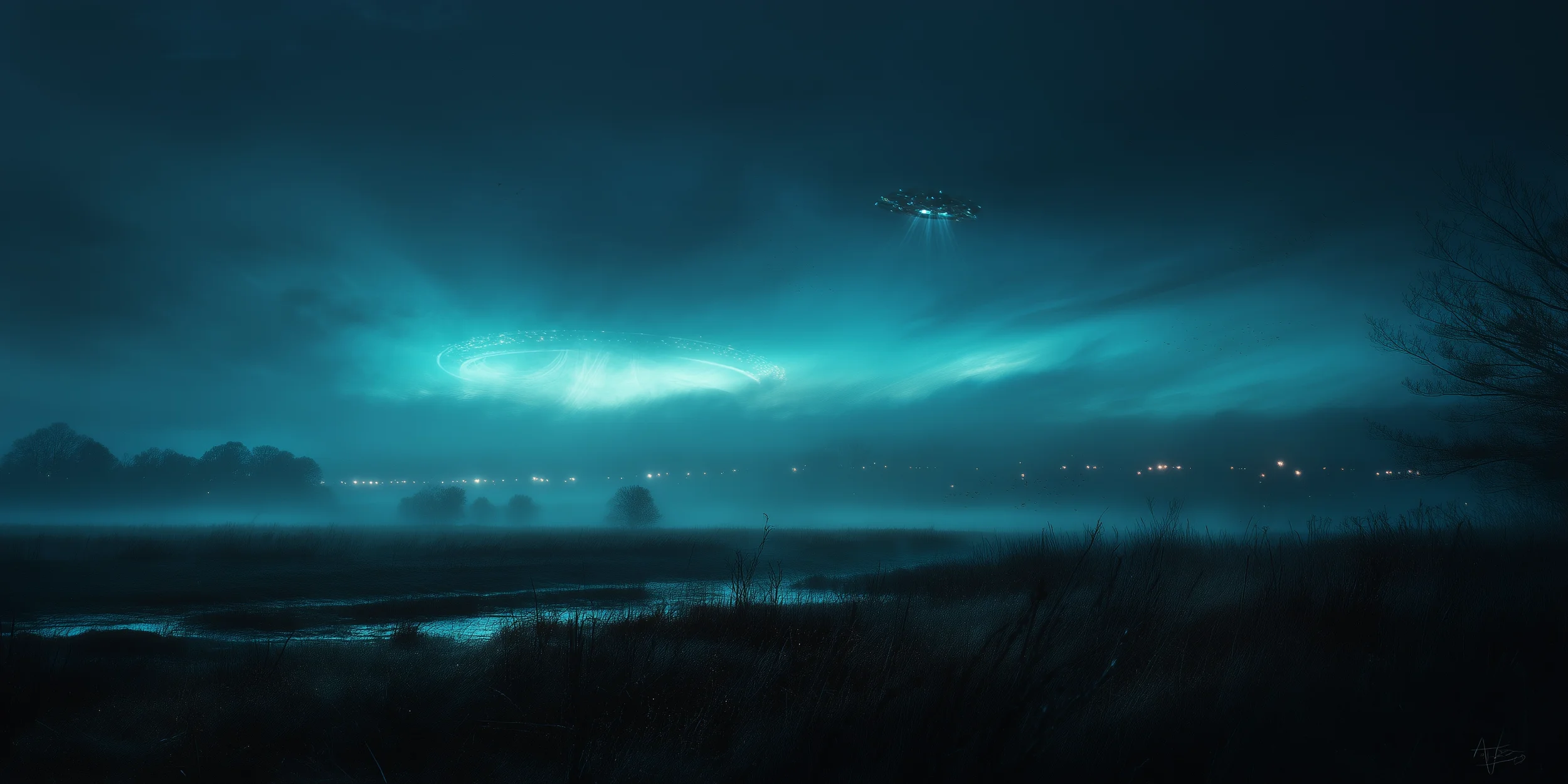 Unbekanntes Flugobjekt über ländlicher Gegend in blaugrünem Licht