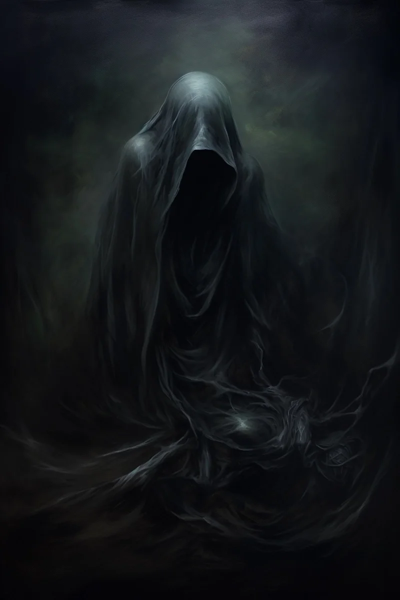 Ein Schattengesalt un schwarzem Umhang, dunkel umhüllt