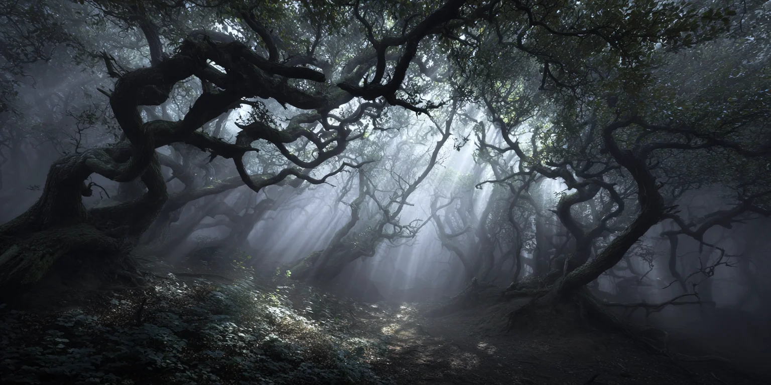 Seltsam verdrehte Bäume, durch die Licht einfällt