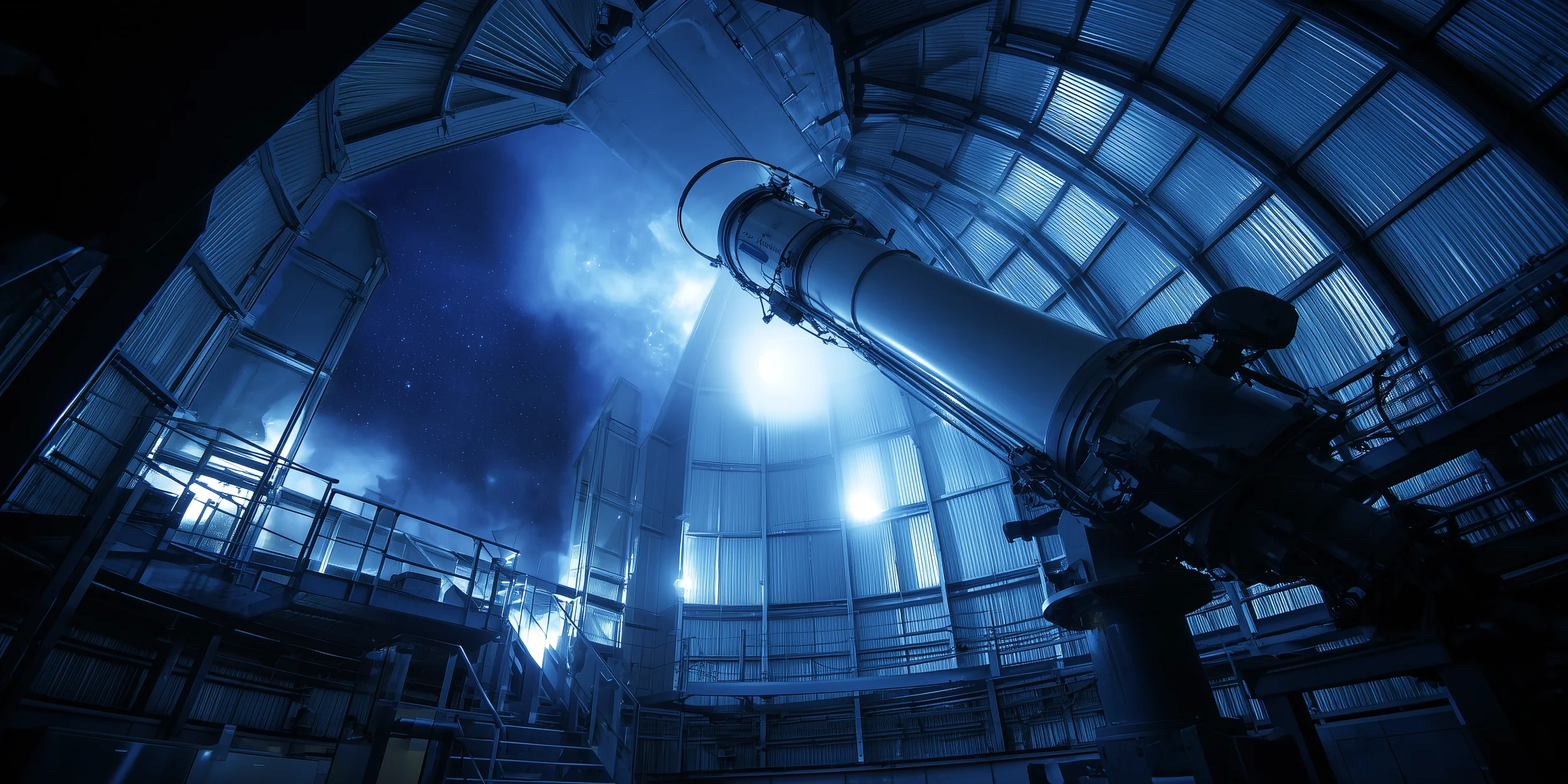 TelTeleskop in der Kuppel eines Observatoriums zeigt in den Nachthimmel, blaues Licht