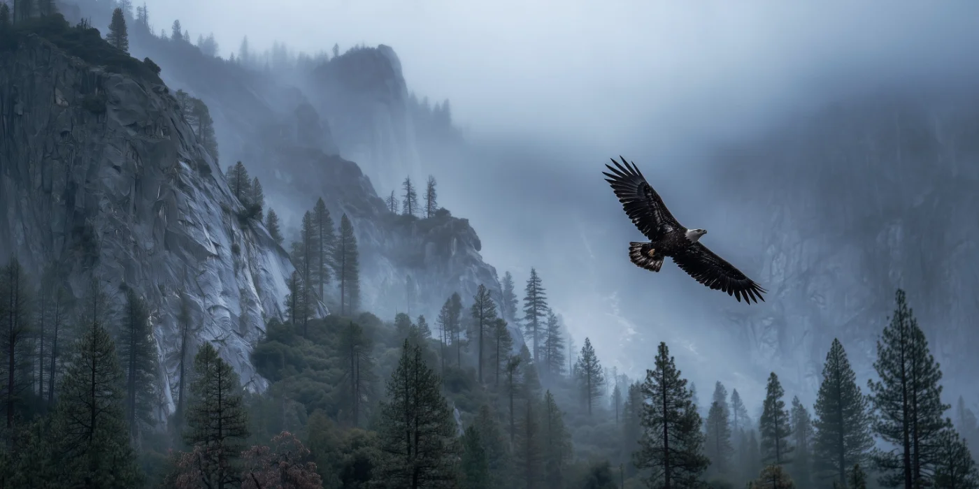 Adler fliegt durch die bewaldeten nebligen Schluchten eines Nationalparks