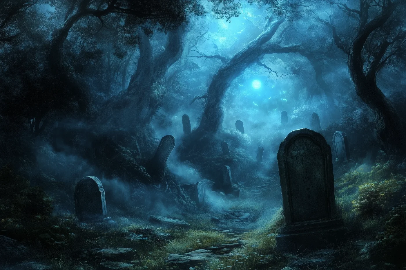 Künstlerische Darstellung eines Friedhofs im Wald mit mystischen blauen Lichtern