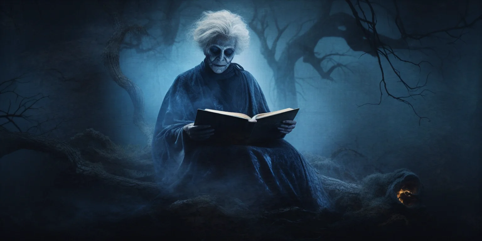 Ein blau schimmernder geist liest ein Buch unter einem Baum