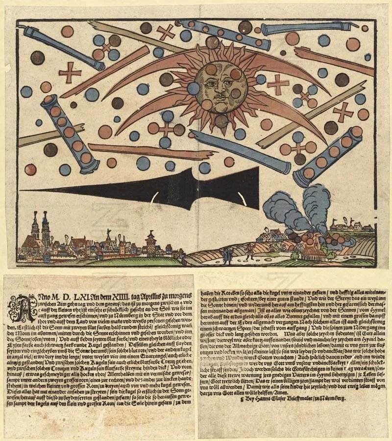 Druck des Nürnberger Flugblatts von 1561 mit Holzschnitt und Text