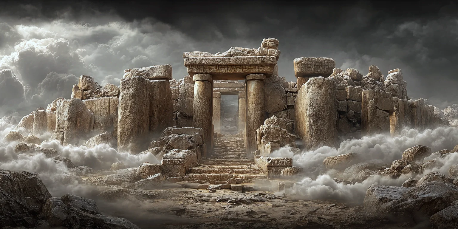 wolkenverhüllte, mystische Ruinen einer verlorenen Zivilisation