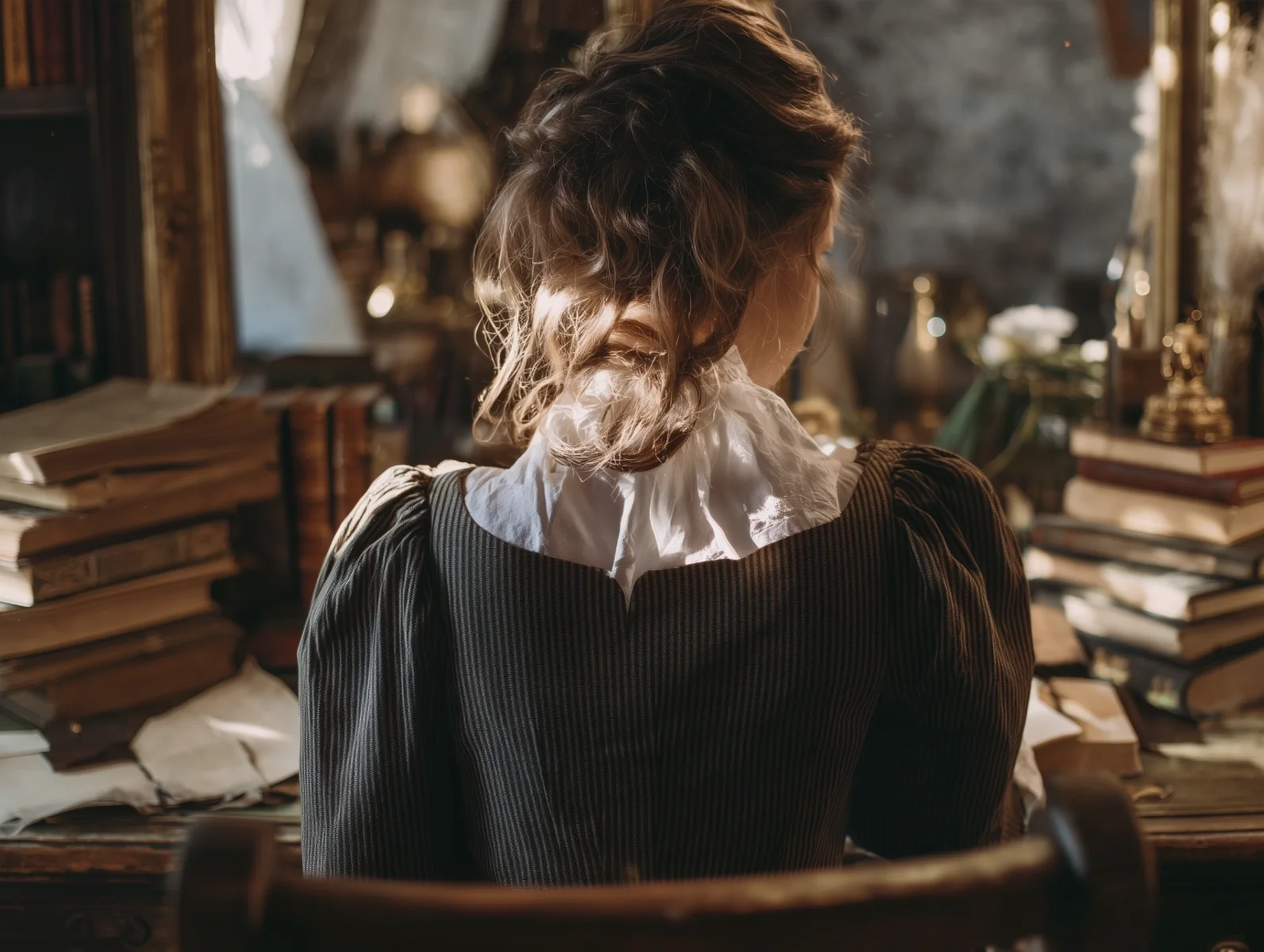 Frau von hinten am Schreibtisch, romantisch