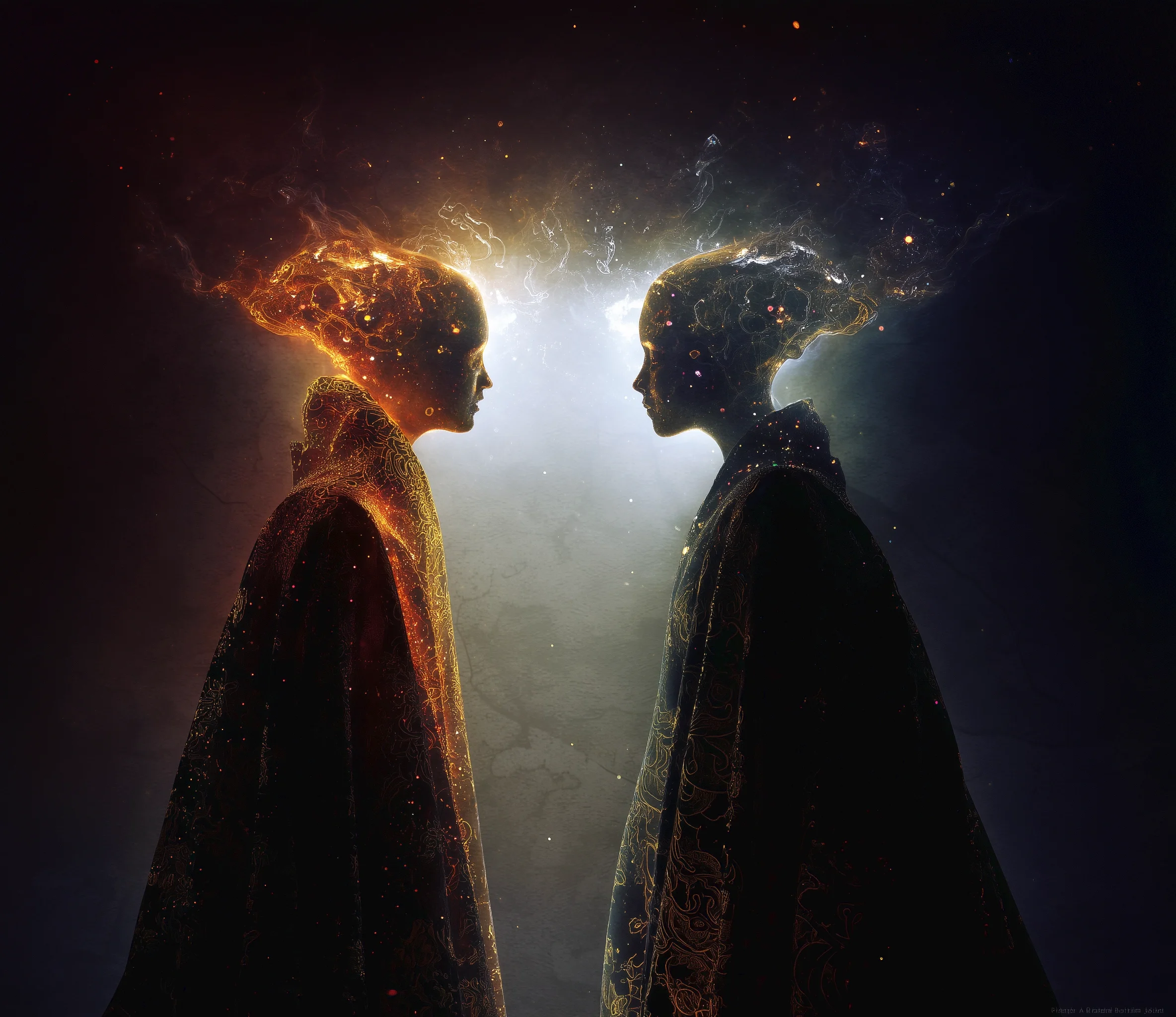 Zwei Gestalten umwabert von magischem Nebel unterhalten sich im Magischen Dialog