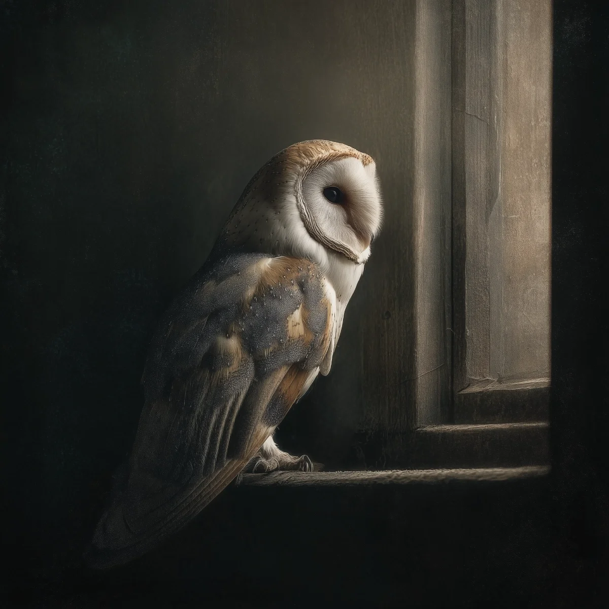 Wunderschöne Eule blickt aus einem Fenster