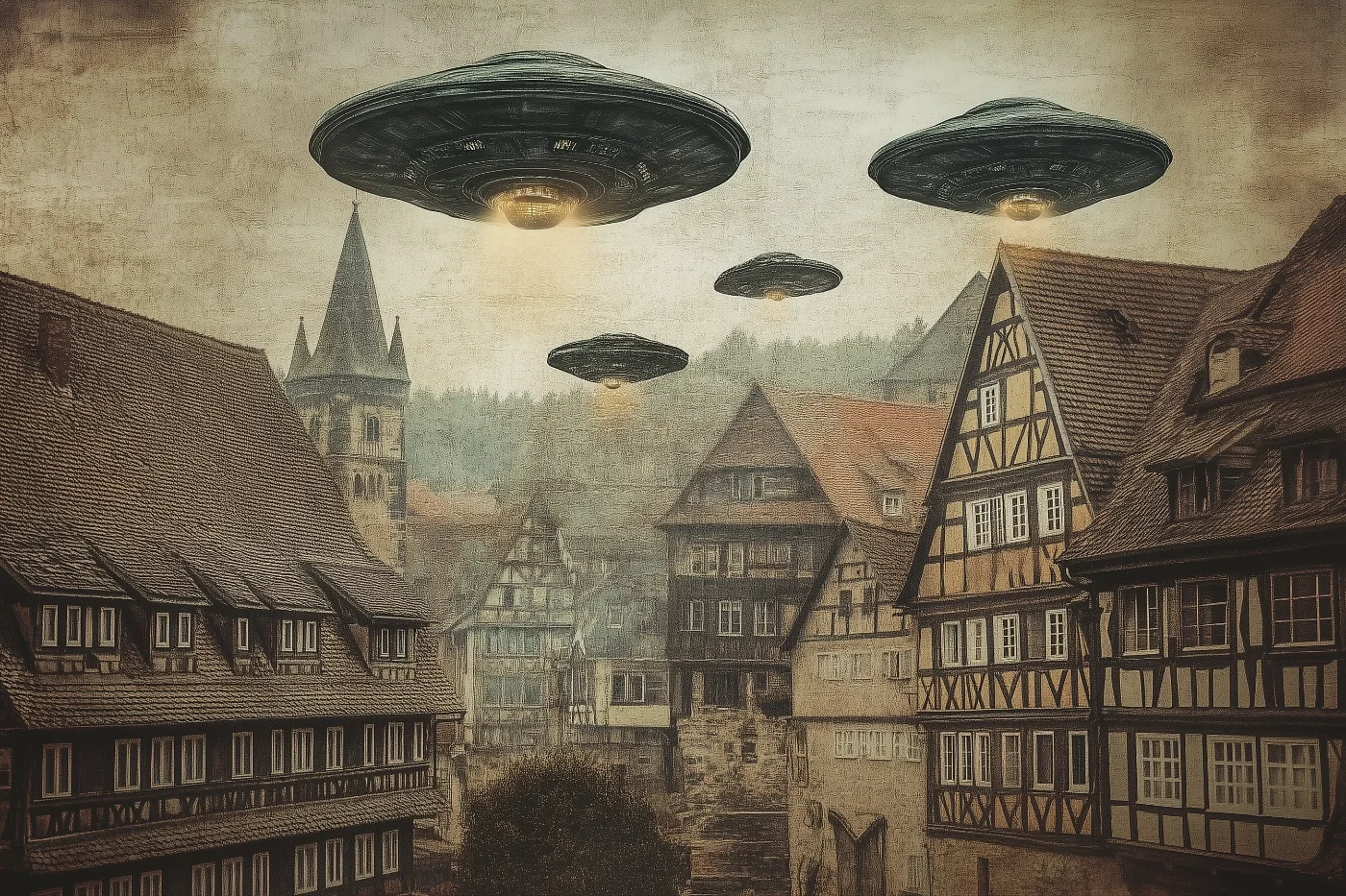 Vier Ufos schweben über alten Fachwerkhäusern