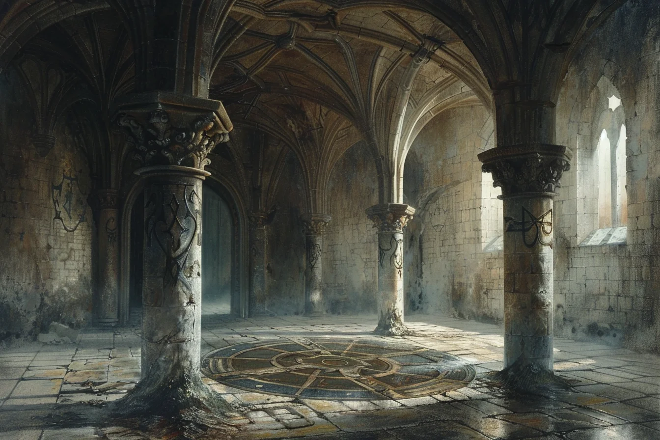 Burggewölbe mit in den Steinboden eingelassenem okkulten Symbol