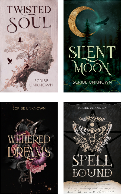 Vier Buchcover im Fantasy- und Mystery-Stil mit Titeln 'Twisted Soul', 'Silent Moon', 'Whitered Dreams' und 'Spell Bound'