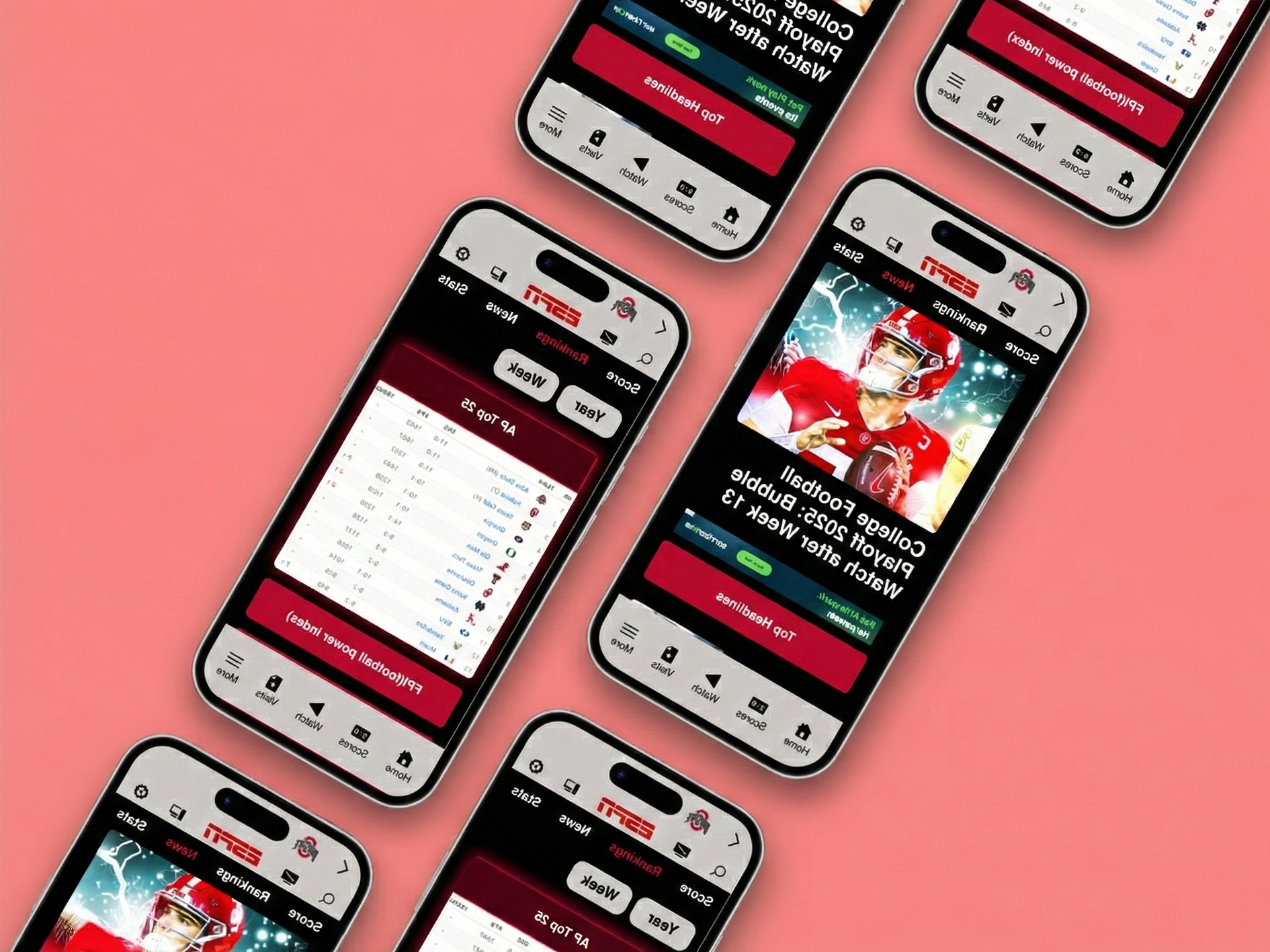 A collage of smartphones displaying the ESPN college football app interface against a light red background.