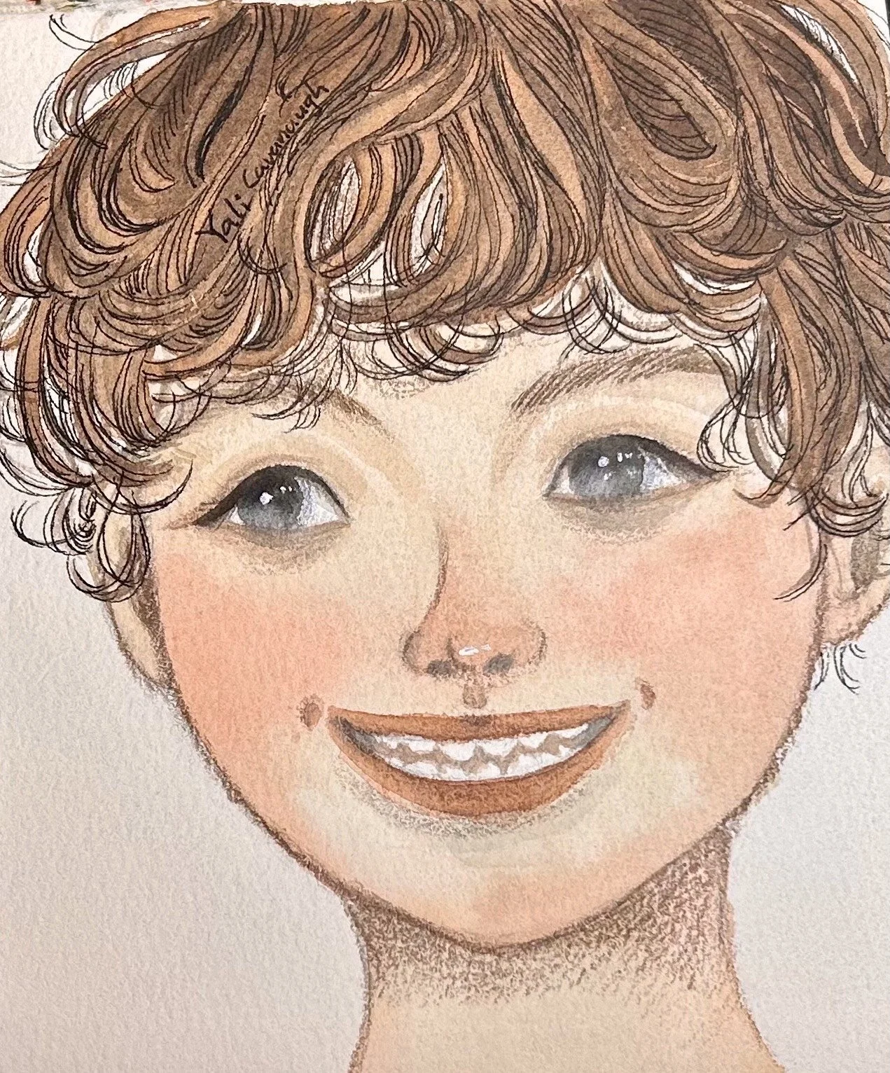 A watercolor illustration of a young person with short, curly brown hair, wide grey-blue eyes, and a broad, toothy smile showing dimples.
