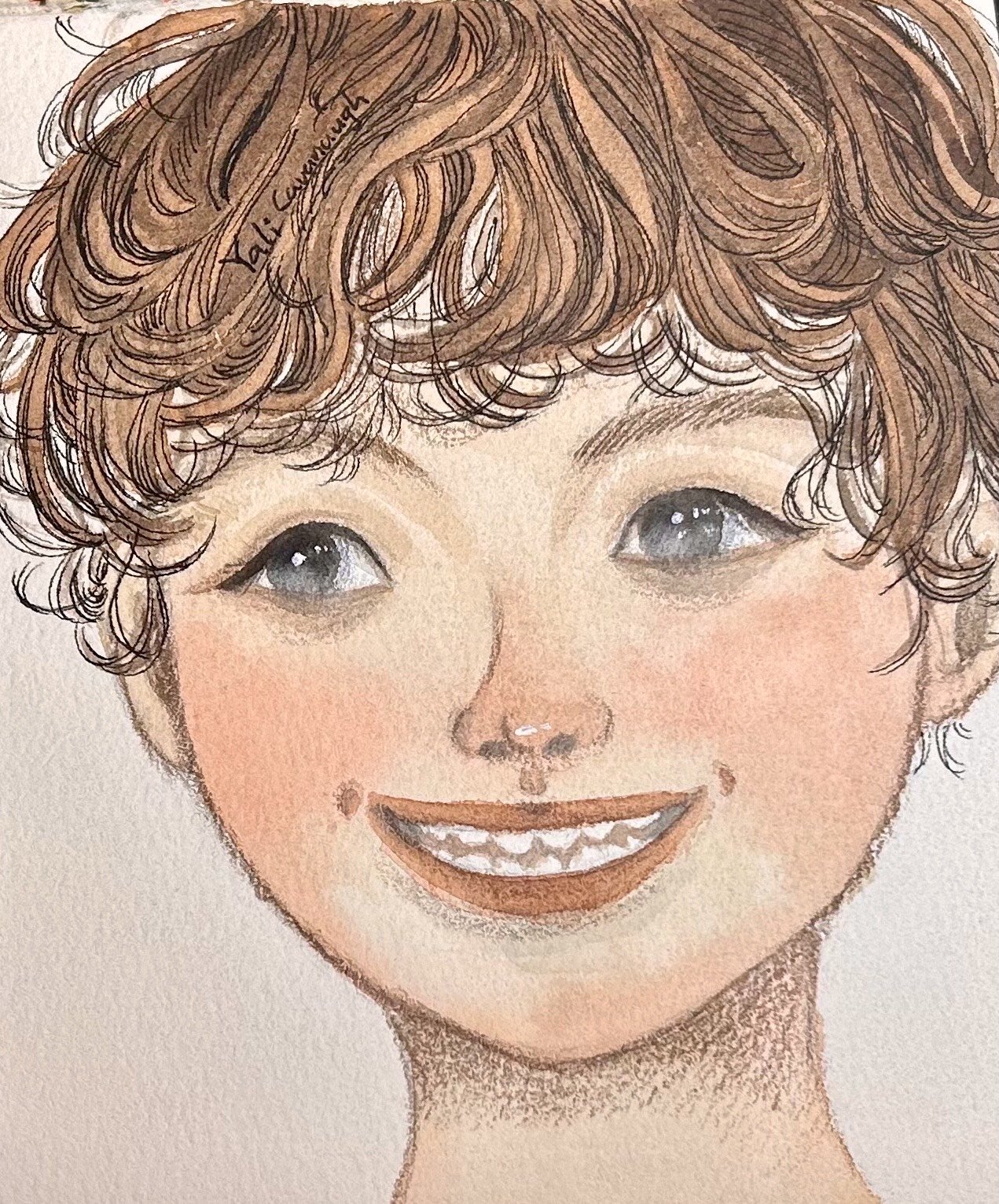 water color paint of boy with big small and curly brown hair
