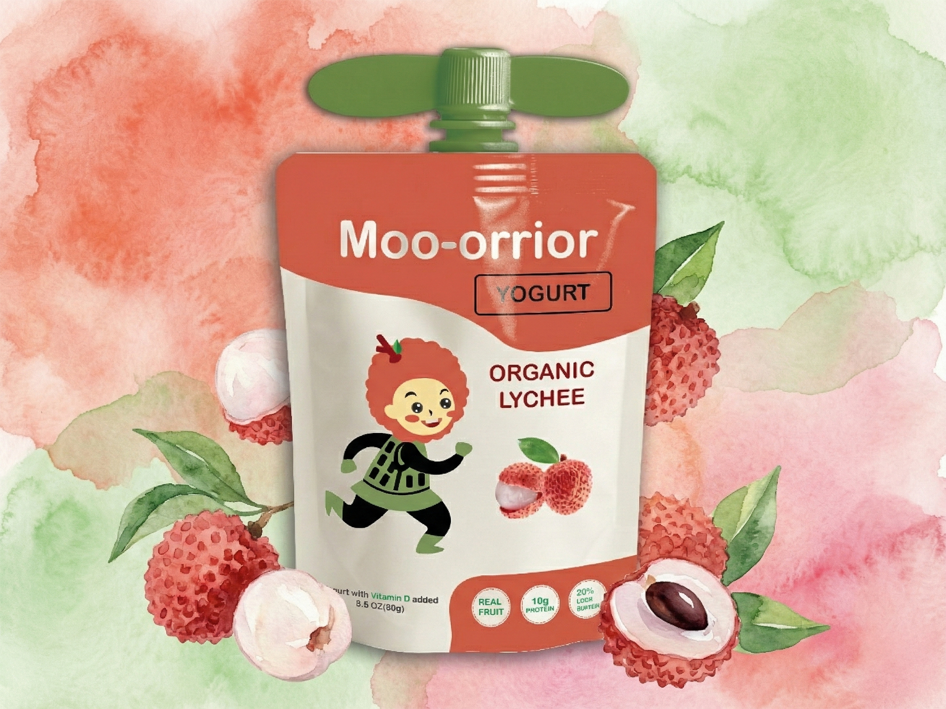 A green and white pouch of Moo-orrior yogurt with organic lychee flavor features a cartoon character with a lychee hairdo and a running pose, surrounded by illustrations of lychee fruit on a colorful watercolor background.