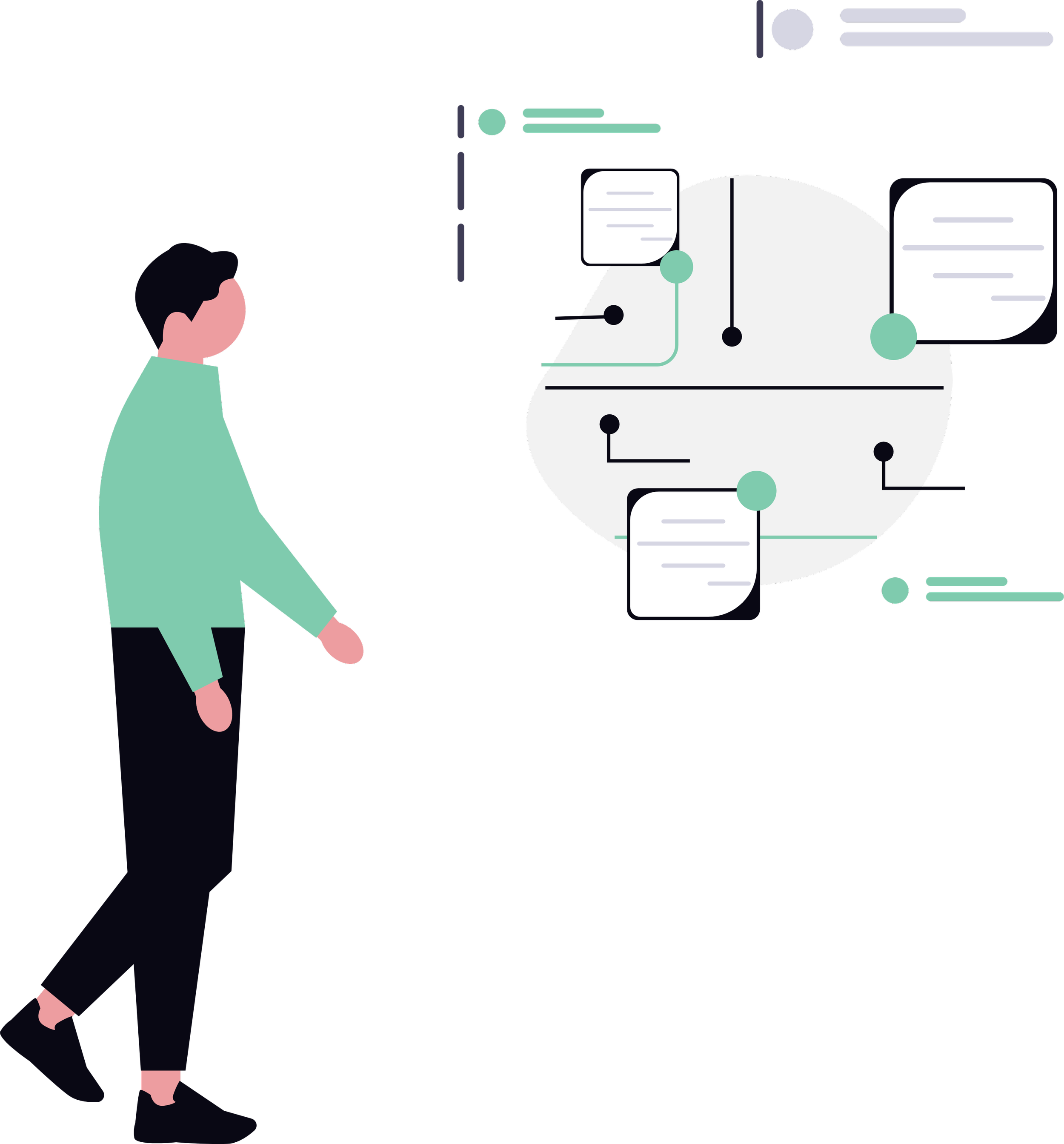 Person looking at a digital diagram with interconnected nodes and text boxes.