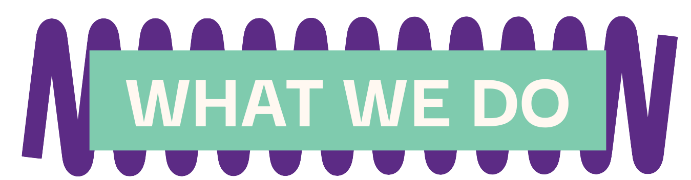 Text saying "What We Do" on a teal background, with a purple zigzag pattern in the background.