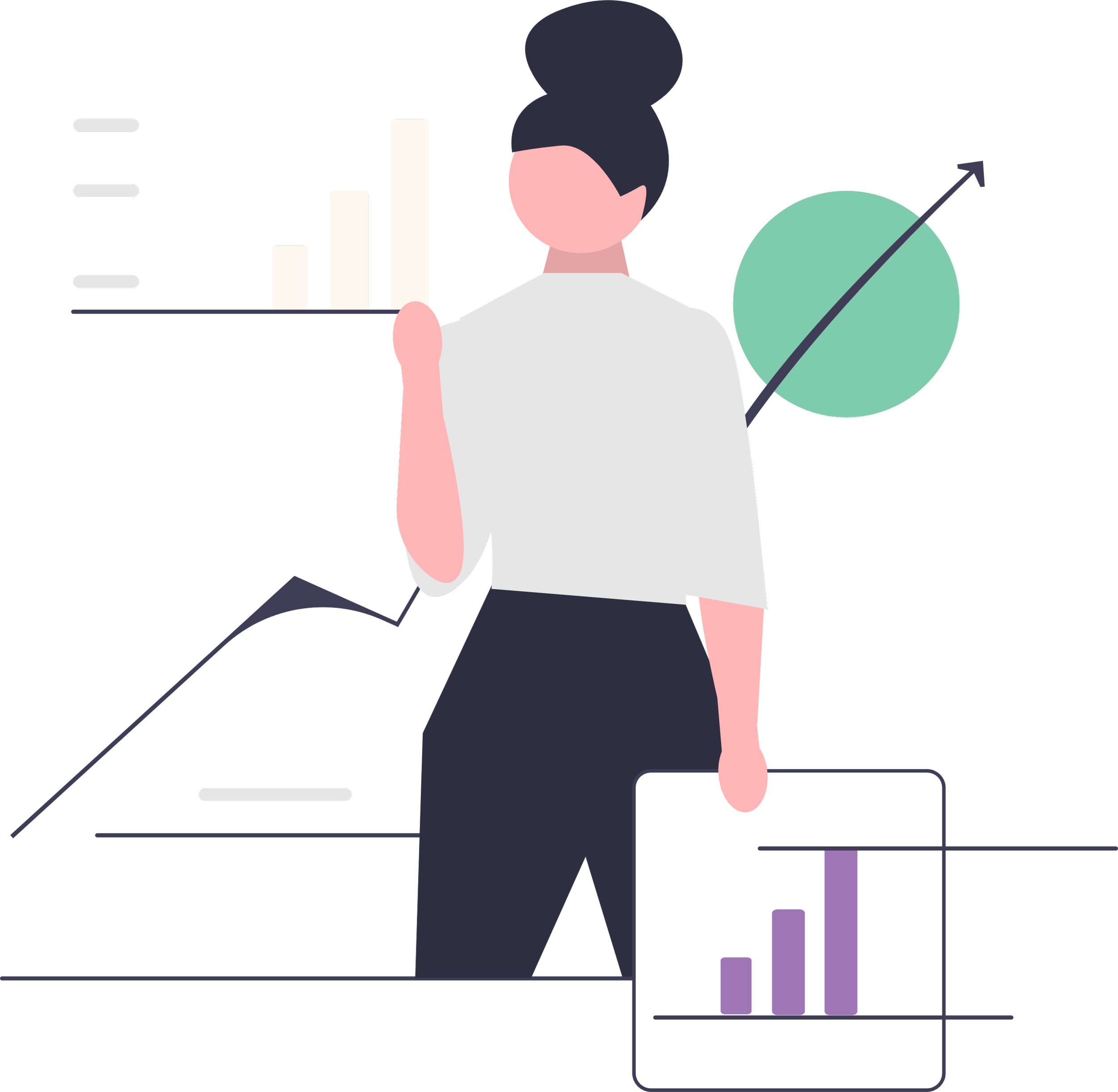 Illustration of a woman holding a tablet with upward trending bar charts, surrounded by more charts including a line graph and a bar graph.