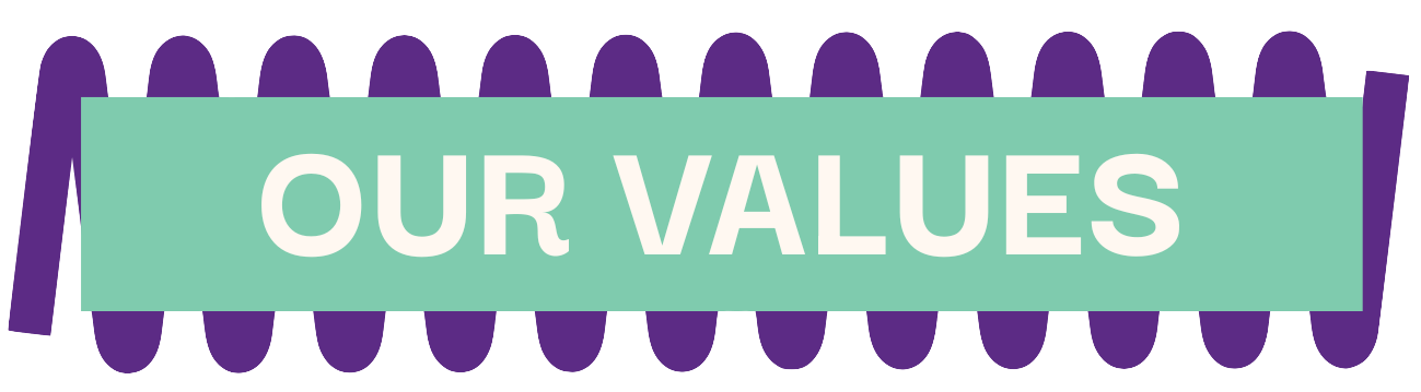 Illustration of a sign with the text 'OUR VALUES' in white, placed on a green background, with purple graphical elements behind it.